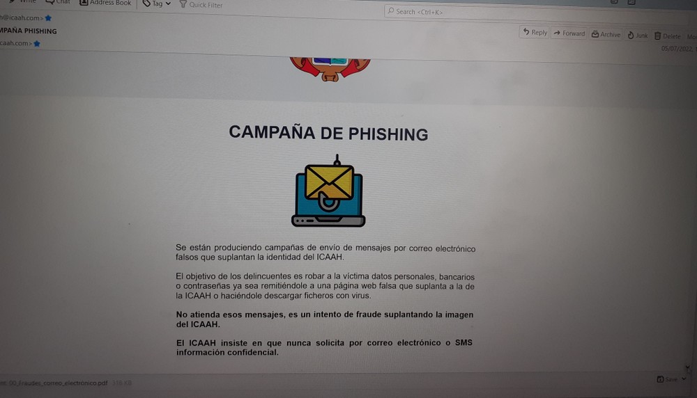 29/08/2022- Comunicaciones enviadas por el Ilustre Colegio de Abogados de Alcalá de Henares que alertan sobre el  envío de mensajes por correo electrónico falsos que suplantan la identidad del ICAAH