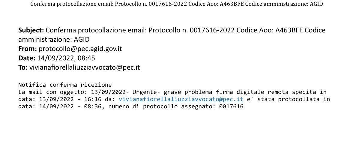 Protocollazione effettuata dall'AgID relativa a PEC inviata dall'Avvocato Viviana Fiorella Liuzzi