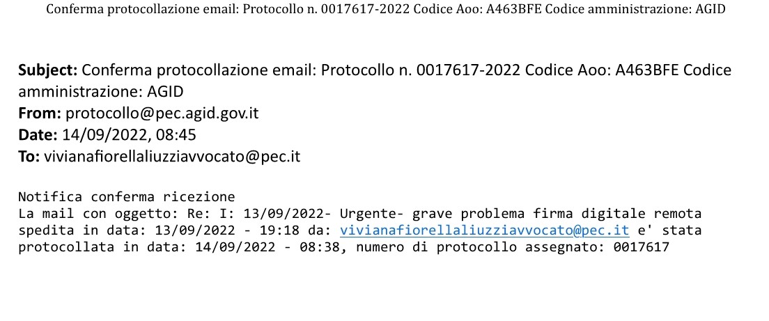Protocollazione effettuata dall'AgID relativa a PEC inviata dall'Avvocato Viviana Fiorella Liuzzi
