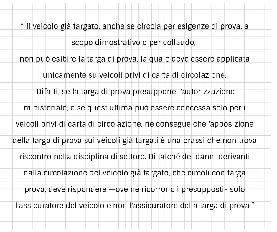 Targa di prova in Italia sentenza Casaszione settembre 2020 divieto veicoli già immatricolati solo su veicoli privi di carta di circolazione