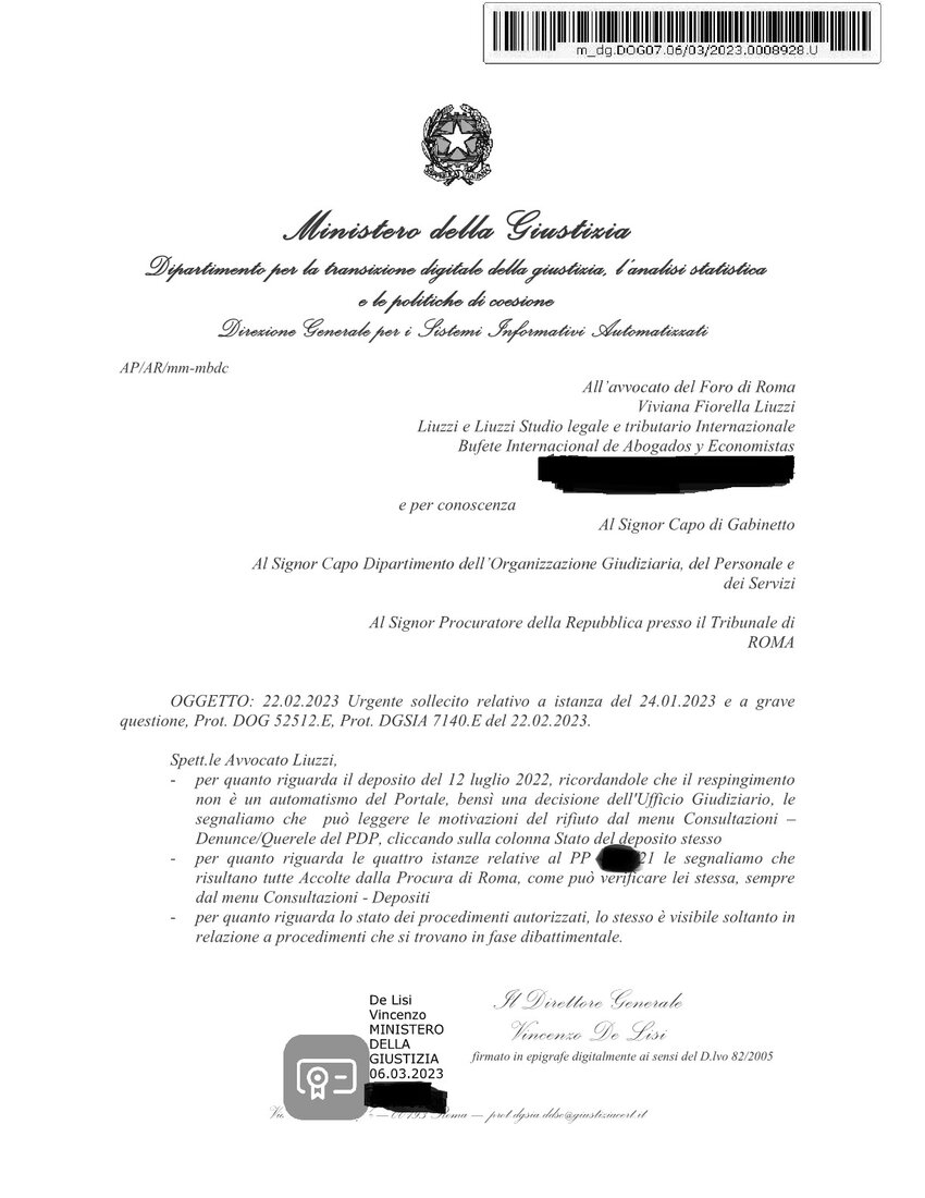 Ministero della Giustizia risposta del 6 marzo 2023 all'Avvocato Cassazionista Viviana Fiorella Liuzzi- Avvocato Cassazionista Viviana Fiorella Liuzzi- Abogada 