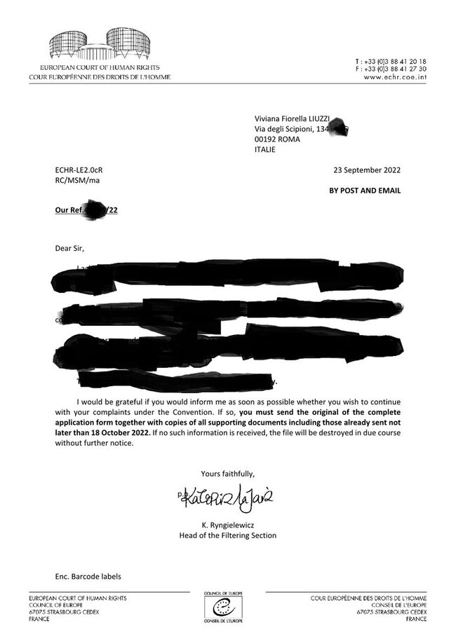 Comunicazione inviata in teoria dalla Corte Europea dei diritti dell'Uomo  segnalazione ottobre 2022